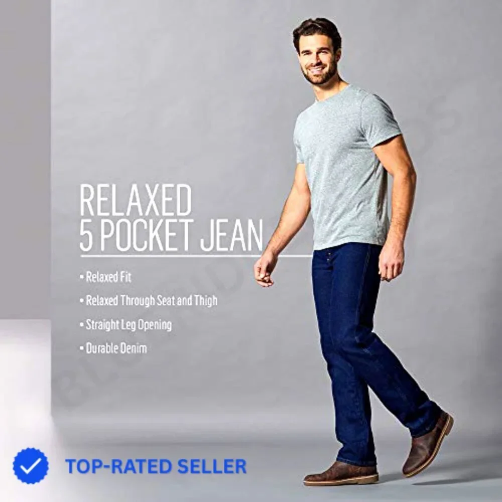 Classic Relaxed Fit Straight Leg Jeans Heavy Denim Durable Men's Casual